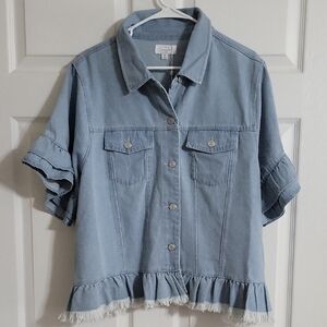 Mud Pie Denim Short Sleeve Ruffle Hem Button Down Shirt - Size XL (NWT)